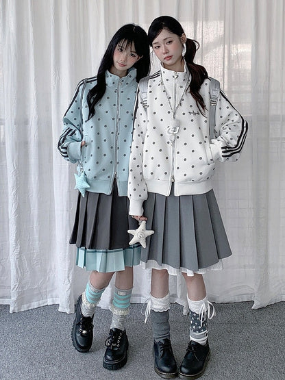 Blue Y2K Polka-Dot Zip-Up Jacket with Striped Accents & Stand Collar - Solkatt