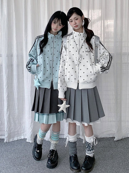 White Y2K Polka-Dot Zip-Up Jacket with Stand Collar & Striped Accents - Solkatt