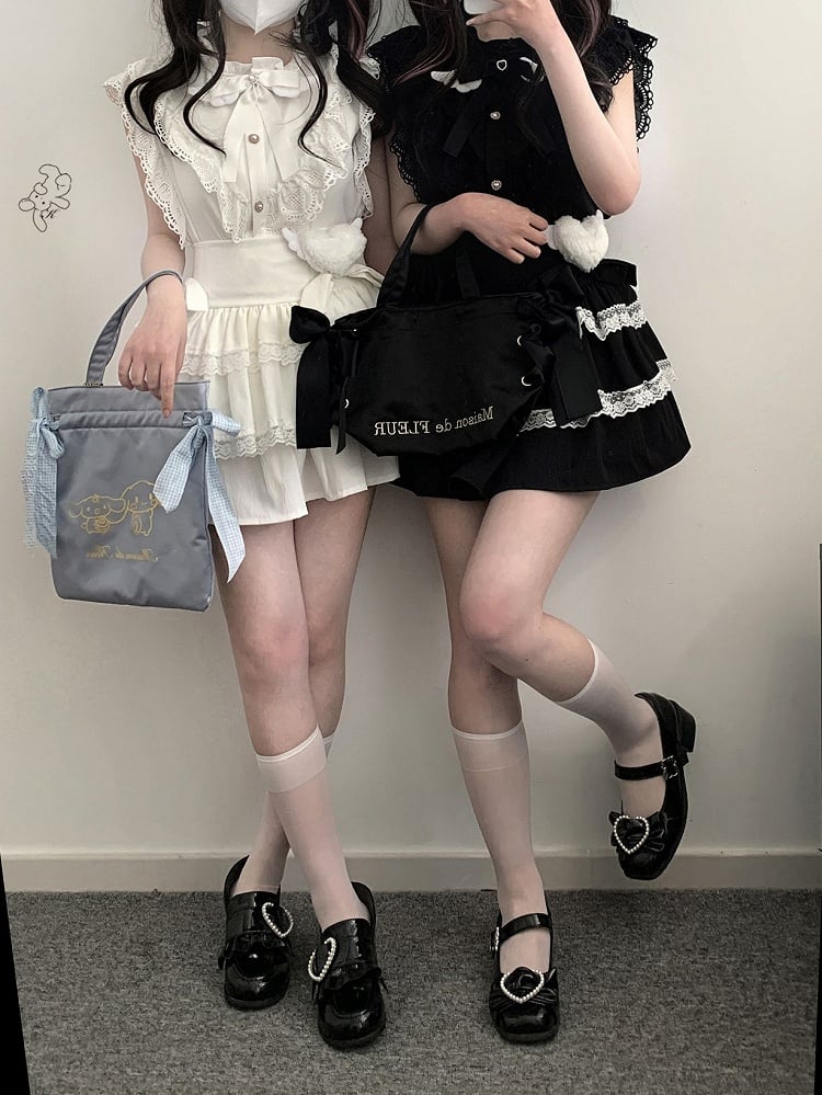 Sleeves Bow Kei and Flutter with Tie Jirai Heart-shaped Trim Blouse Black/White Winged Lace