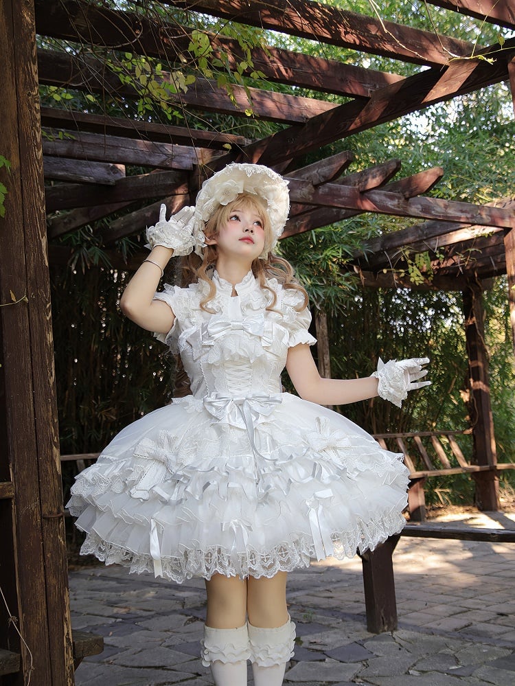 Lolita Accents Ruffle Skirt with Princess Layered Silver Dress White JSK and Bow