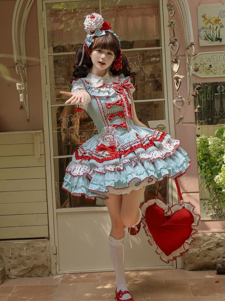 Red and Skirt Green Sweet Polka with Accents Bow Tiered Dots Stripes Dress Lolita