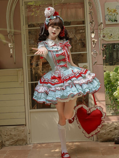 Red and Skirt Green Sweet Polka with Accents Bow Tiered Dots Stripes Dress Lolita
