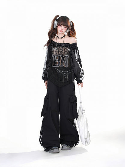 Schwarz/weißes, schulterfreies Oberteil mit kontrastierenden Spitzenpatches