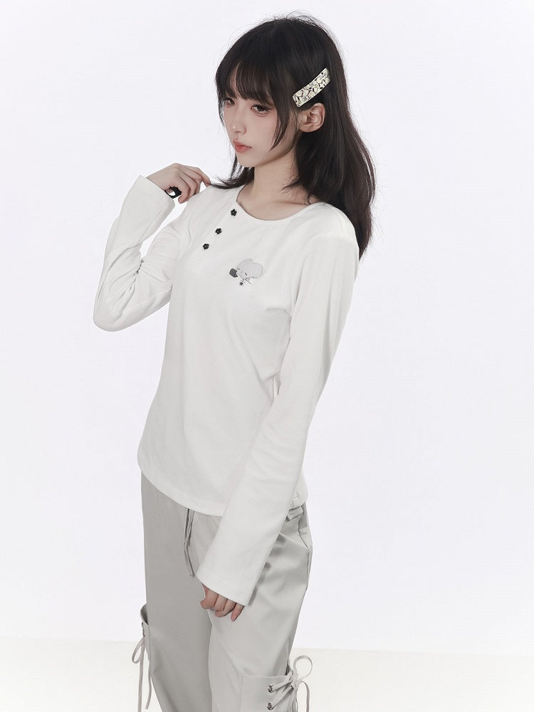 Kawaii White Puffy Mouse Print Waist-cinching Long Sleeve Top with Shawl - PINK SAVIOR