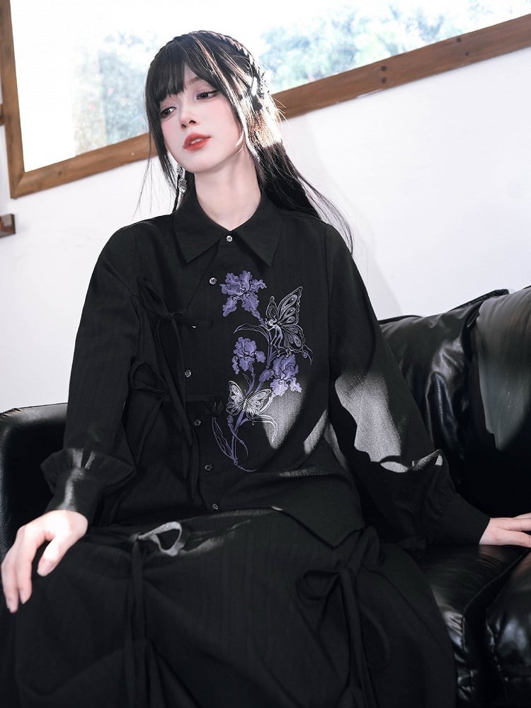 Gothic Long-Sleeve Shirt with Asymmetric Placket & Iris Print in Black Purple - Quirky Hut