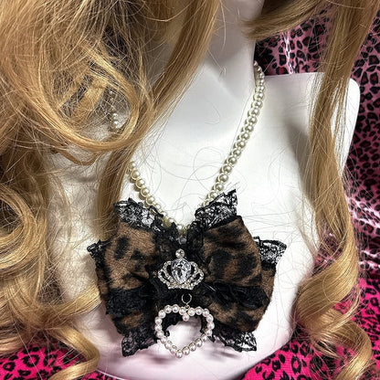 Decorations Colors Leopard 3 Print Heart Bow Gyaru Crown Beaded with Necklace