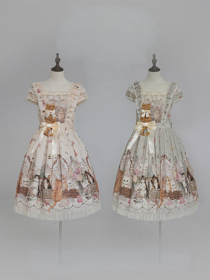 Beige Cat Print Square Neckline Sweet Lolita JSK Dress with Plush Cat Patch - NyaNya