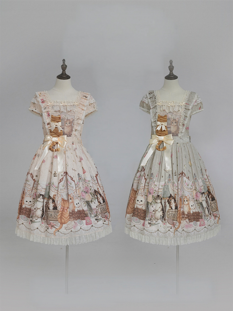 Green Cat Print Square Neckline Sweet Lolita JSK Dress with Plush Cat Patch - NyaNya