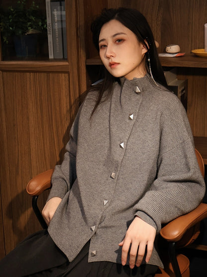Cardigan Chinese Style Gray Unisex Button Closure Placket Classic in Knit with