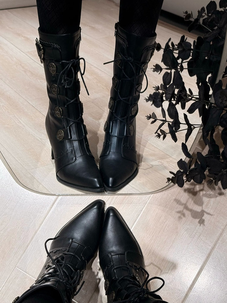 Schnürstiefel mit spitzer Spitze und Schnalle aus Leder, halbhohe Stiefel, elegante Verzierungen – mit Absätzen, Lolita PU und Schwarz