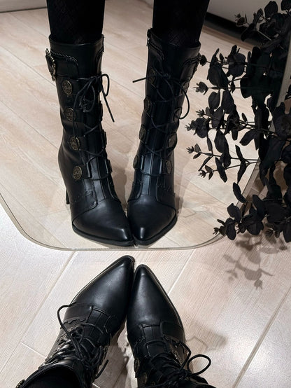 Schnürstiefel mit spitzer Spitze und Schnalle aus Leder, halbhohe Stiefel, elegante Verzierungen – mit Absätzen, Lolita PU und Schwarz