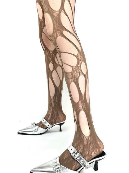 パンクなアシンメトリーデザインタイツ カットアウト フィッシュネット カラー4種類