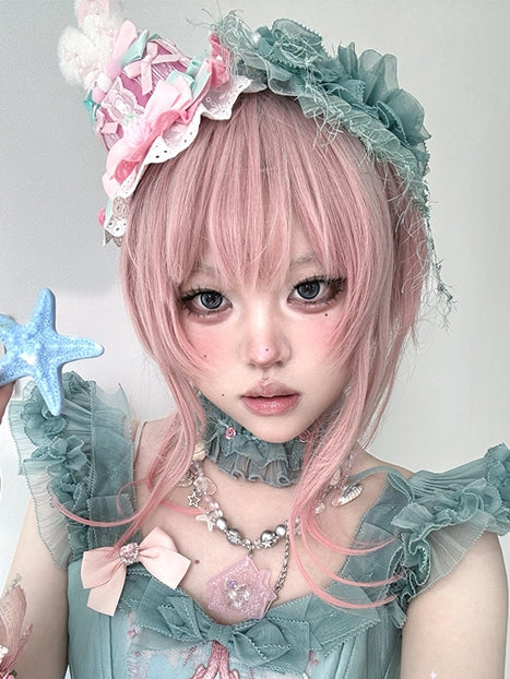 Length Wavy With Ponytails Shoulder Claw + Clips Bangs Two Pink Wigs