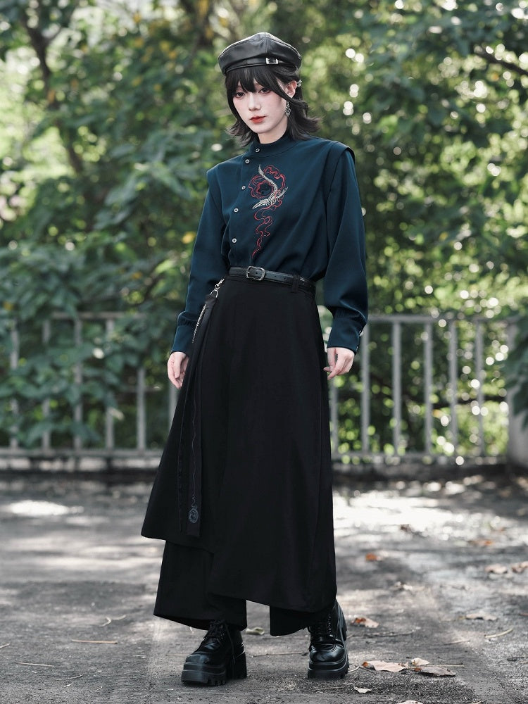 Navy Stand-Collar Asymmetric Shirt with Skeleton Whale Embroidery - Quirky Hut