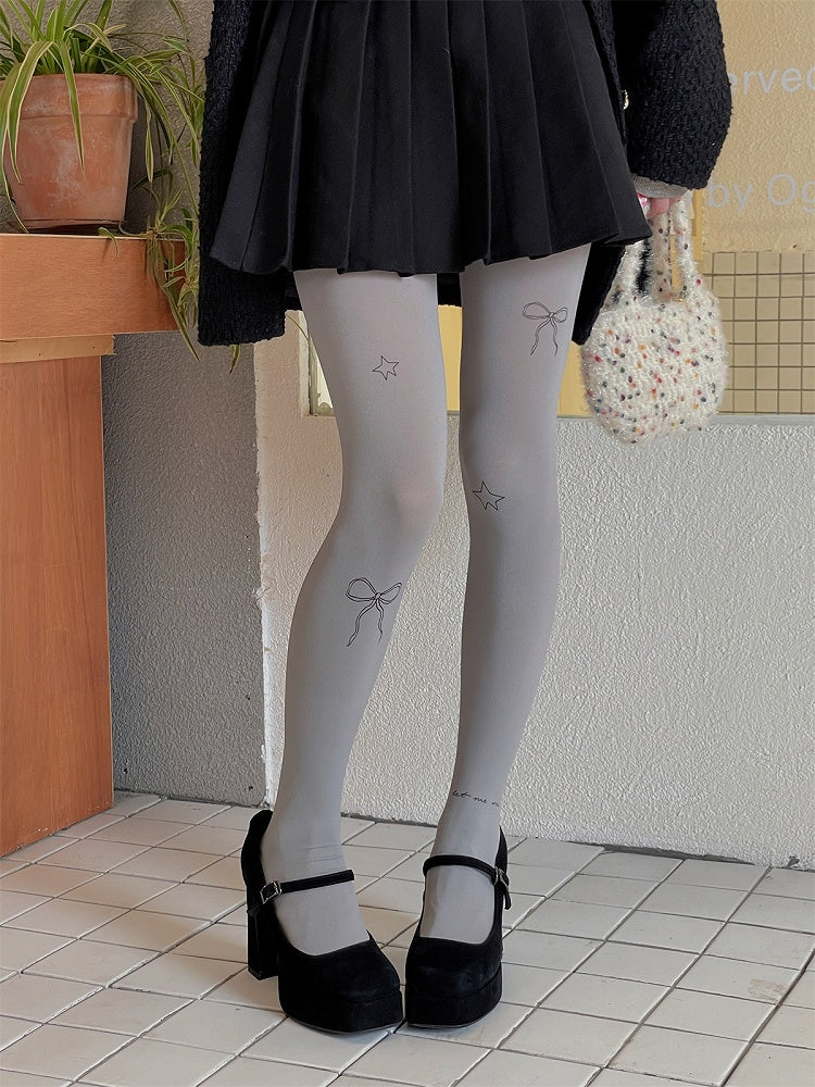 Creamy and Bowknot White/Light Star Print Gray/Purple Pantyhose