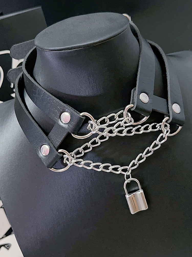 Black/White Lock Detail Y2K Pendant PU Choker Lace-up