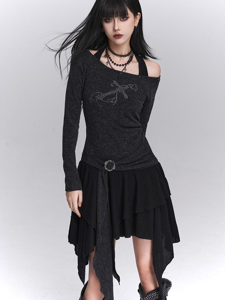 Skirt Gothic Faux Two-Piece Gray Hem Top Off-Shoulder Handkerchief Halter Dress: Studded Tiered Dark
