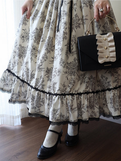 Lace Rosette Print Black Lolita Elegant Waist High with Trim Beige Boned Classic Skirt