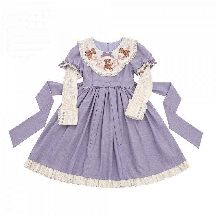 Sweet Lolita Lace Neckline Teddy Purple Sleeves Bear Embroidered Puff Trim Dresswith