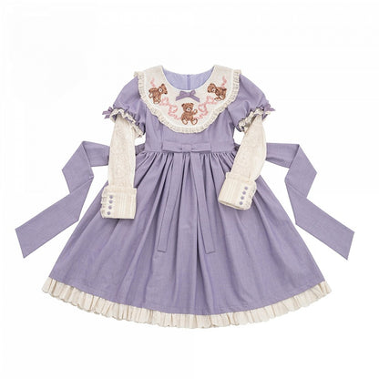 Sweet Lolita Lace Neckline Teddy Purple Sleeves Bear Embroidered Puff Trim Dresswith