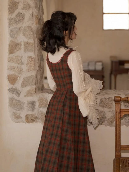 Plaid Classic Dress Details Lace-Up Brown Elegant Reddish Lolita with