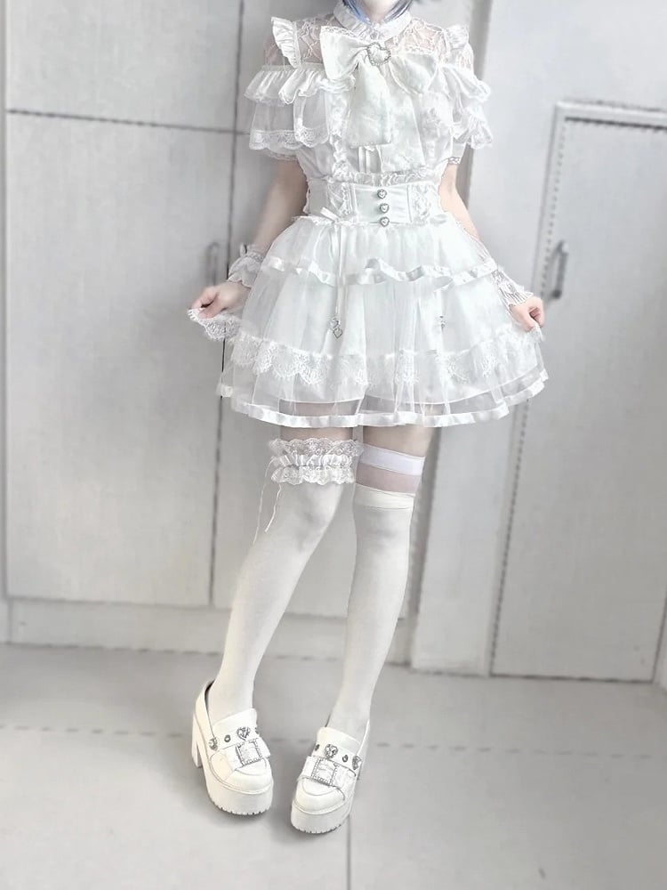 Gestufte Schleife Jirai Kei Schwarz/Weiß Mesh Balletcore Taille Selbst-krawatte Zurück Stäbchen Rock Hohe