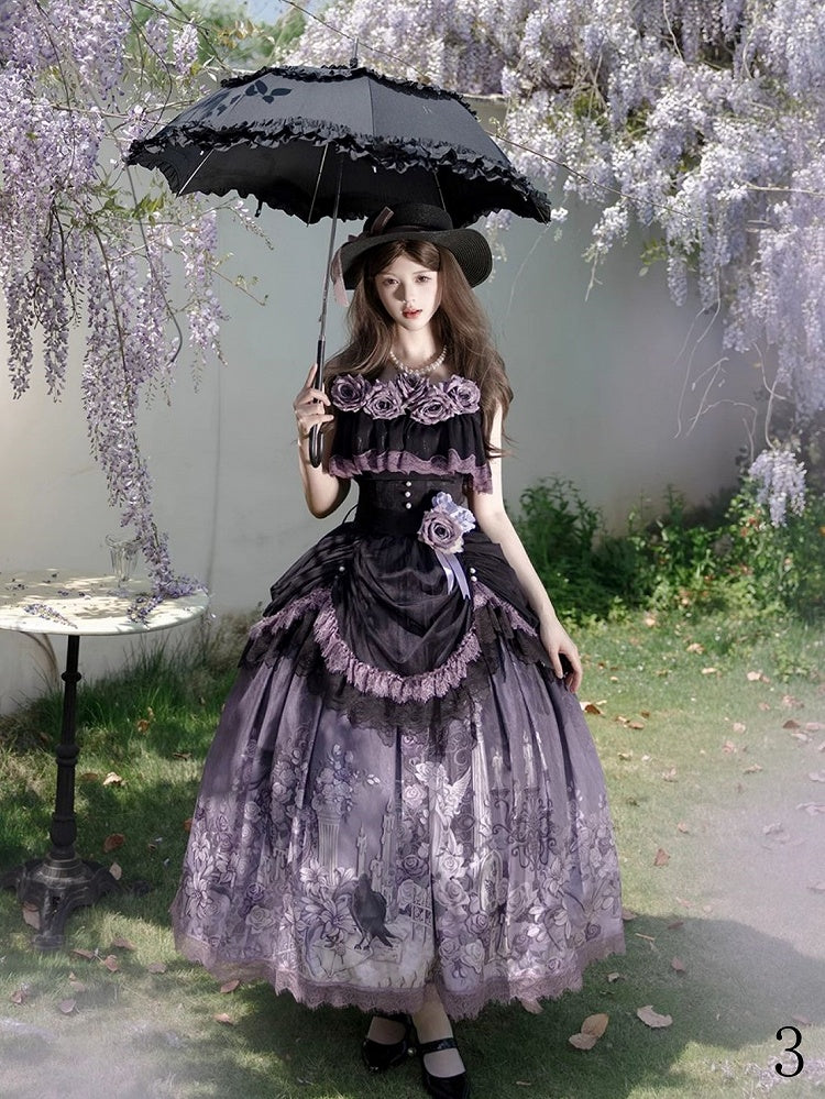 Black Floral with Lace Skirt Purple Lolita Elegant Trim Classic Print