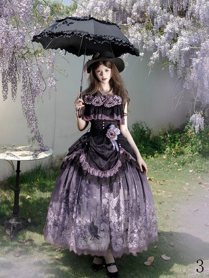 Black Floral with Lace Skirt Purple Lolita Elegant Trim Classic Print