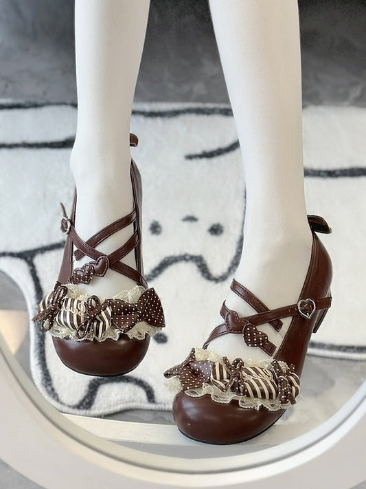 Lolita Shoes Dreamy - Chocolate Brown Buckles Candy Heart