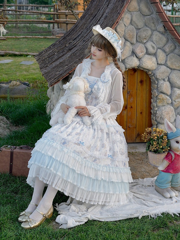 Blue Flower & Lamb Print Embroidered Neckline Lolita JSK Dress - Miss Point