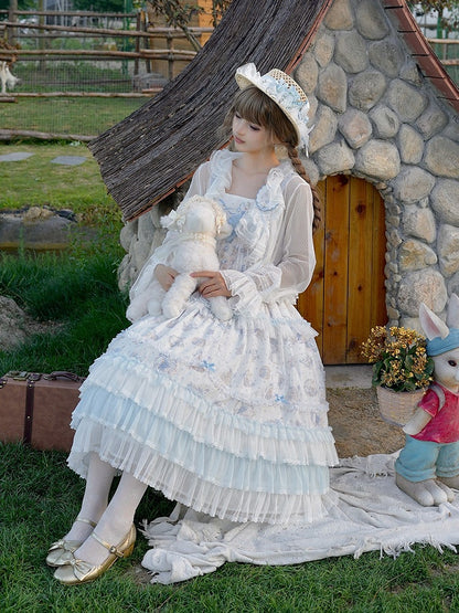 Blue Flower & Lamb Print Embroidered Neckline Lolita JSK Dress - Miss Point