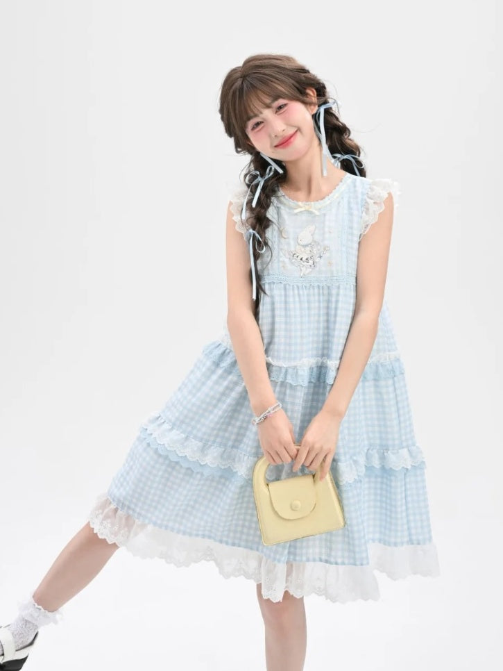 Sleeveless Dress Blue Plaid Tiered Flutter Bunny Embroidery Lace Sleeves Skirt Trim