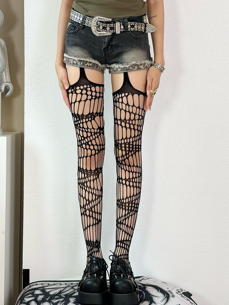 Hosenträger Schwarz/Weiß/Braun/Grau/Rot Y2K Cut-out Design Strümpfe