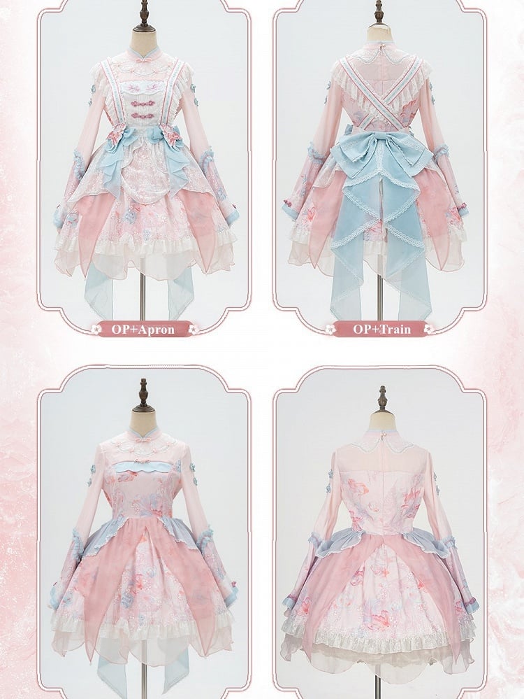 Long with Print Golden Blue Lolita and Sleeves Fish Pink Dress Floral Han