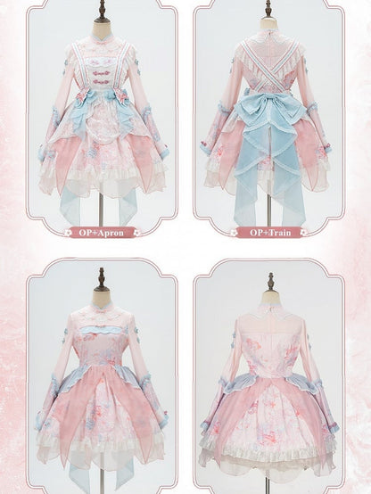 Long with Print Golden Blue Lolita and Sleeves Fish Pink Dress Floral Han