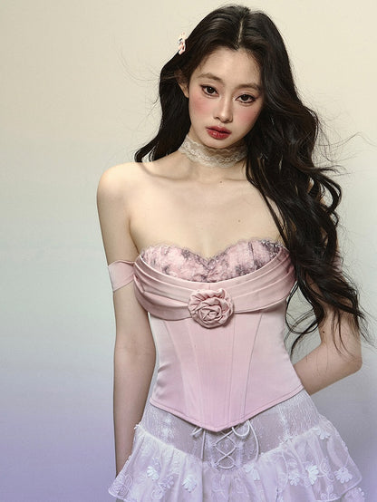 Rosafarbenes Bustier-Korsett-Oberteil mit Blumenmuster und Stäbchen