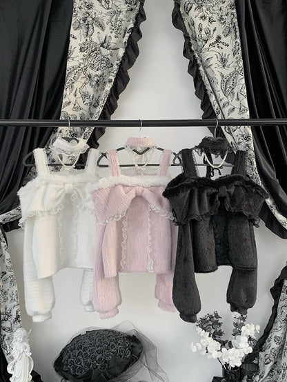 Top Shoulder Open Kei Decor Beaded Jirai with Chain Pink/White/Black Ruffle Fleece-lined