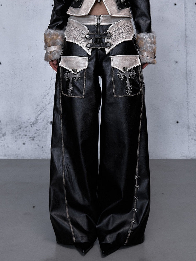 - Wide-leg Pants Punk Black Wing Embroidery
