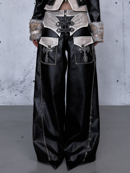 - Wide-leg Pants Punk Black Wing Embroidery