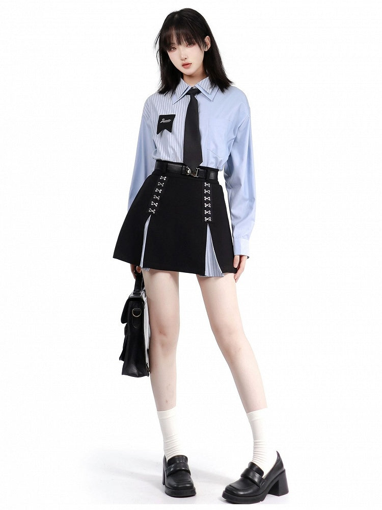 ブループリーツスカート ハイウエスト ブラックボックス