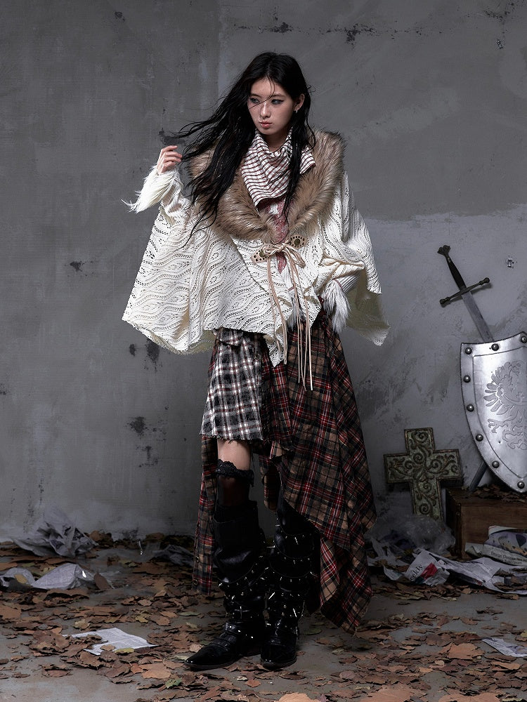 Asymmetrical Knotted Dual Triangular Hemline with Waistband Plaid Front Ties Dark Red PU Vintage Punk Skirt Rock