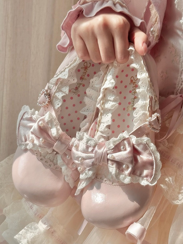 - Hem Lolita Pink Trim Lace Mid-heel Scalloped Shoes Sweet