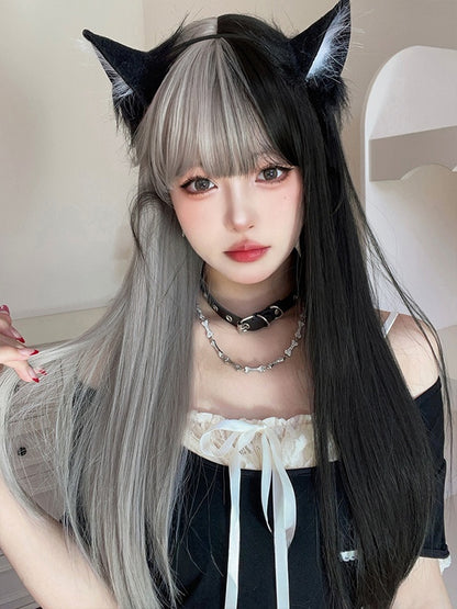 Silver&Black Split Color Long Straight Synthetic Wig With Bangs