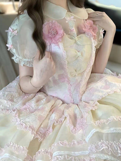 and Ruffles Pink Lace Jumper with Princess Layered Floral-Print Trimmings Lolita Skirt