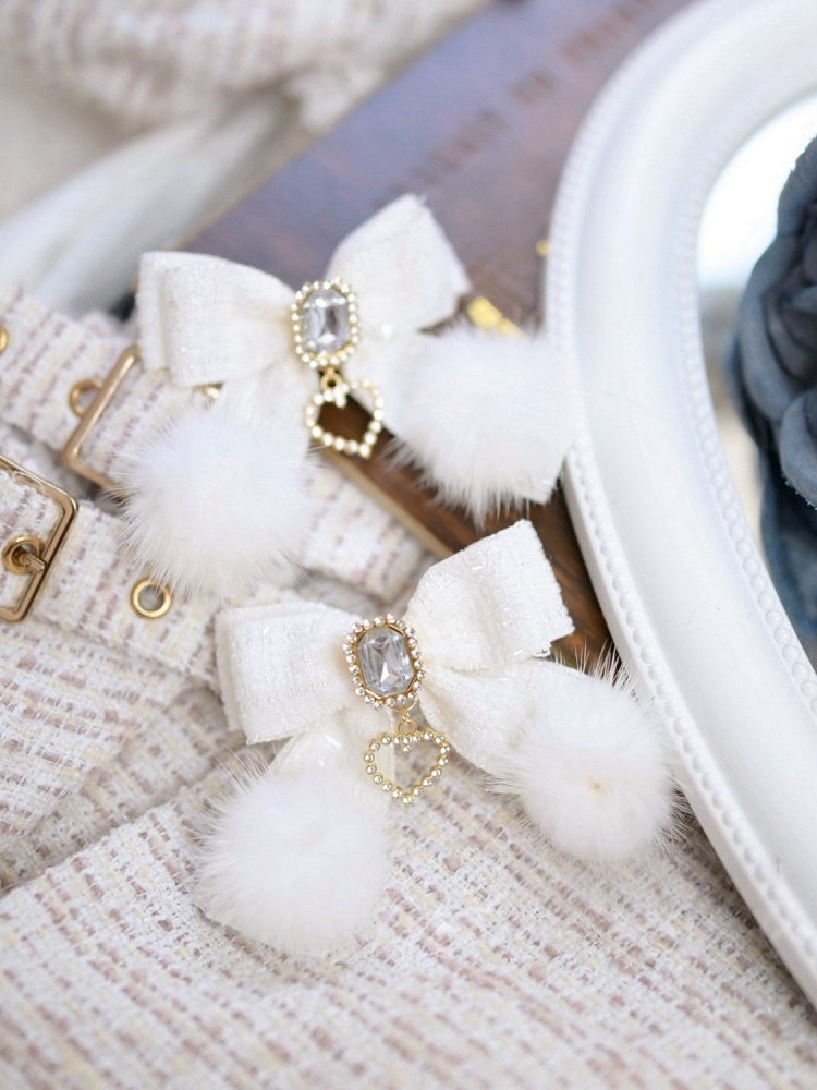 Charm Kei Clip with Heart Tweed Pom-pom Hair Bow Colors 4 Jirai