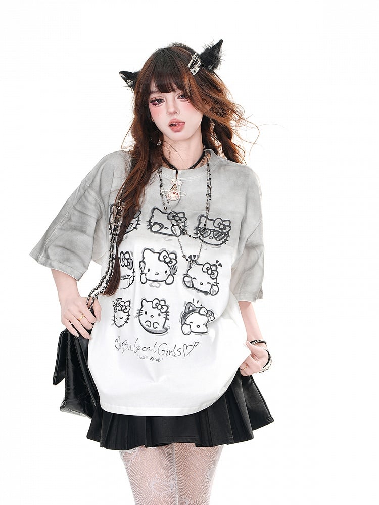 Gradient Gray Round Neck Kitty Loose T-Shirt