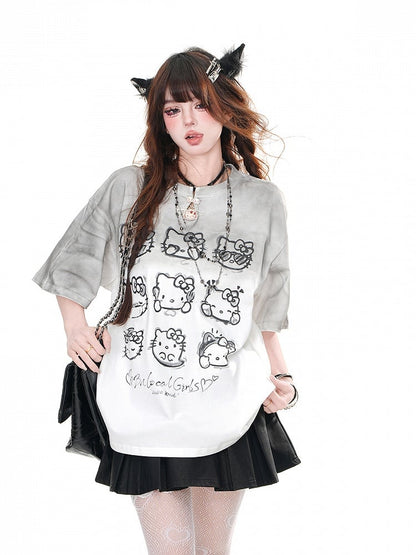 Gradient Gray Round Neck Kitty Loose T-Shirt