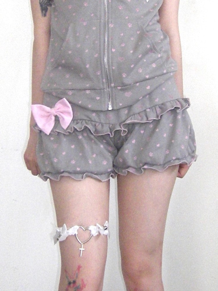 Kawaii Print Elastic Bow Light Waist with Gray Ruffled Paw Detachable Bloomers Cat