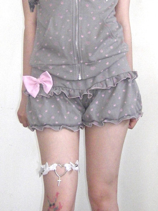 Kawaii Print Elastic Bow Light Waist with Gray Ruffled Paw Detachable Bloomers Cat