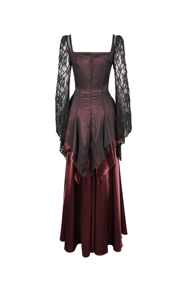 Crimson Lace Pointed Long Sleeves Back Zipper Satin Floor-Length Gothic Gown